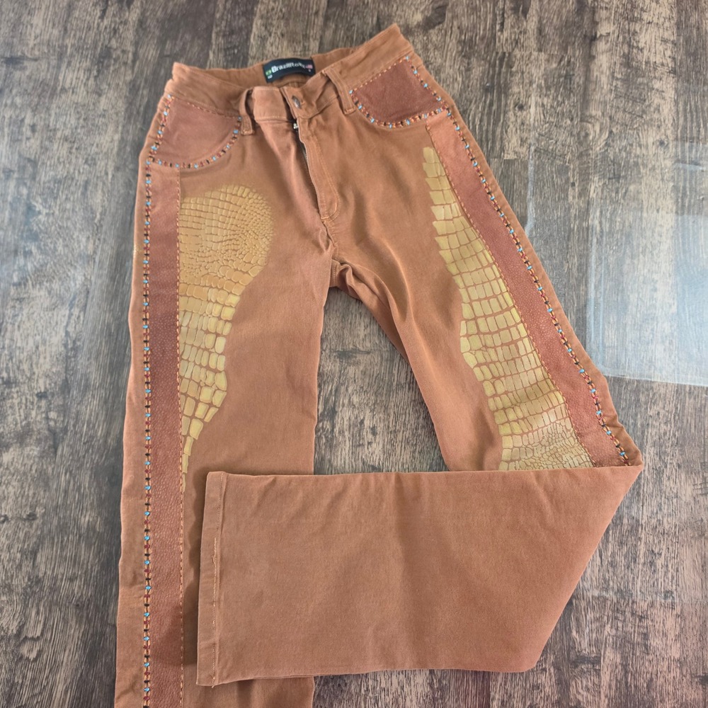 BRAZILROXX Straight Leg Pants Women 4 Brown Western Embroidered Croc Print